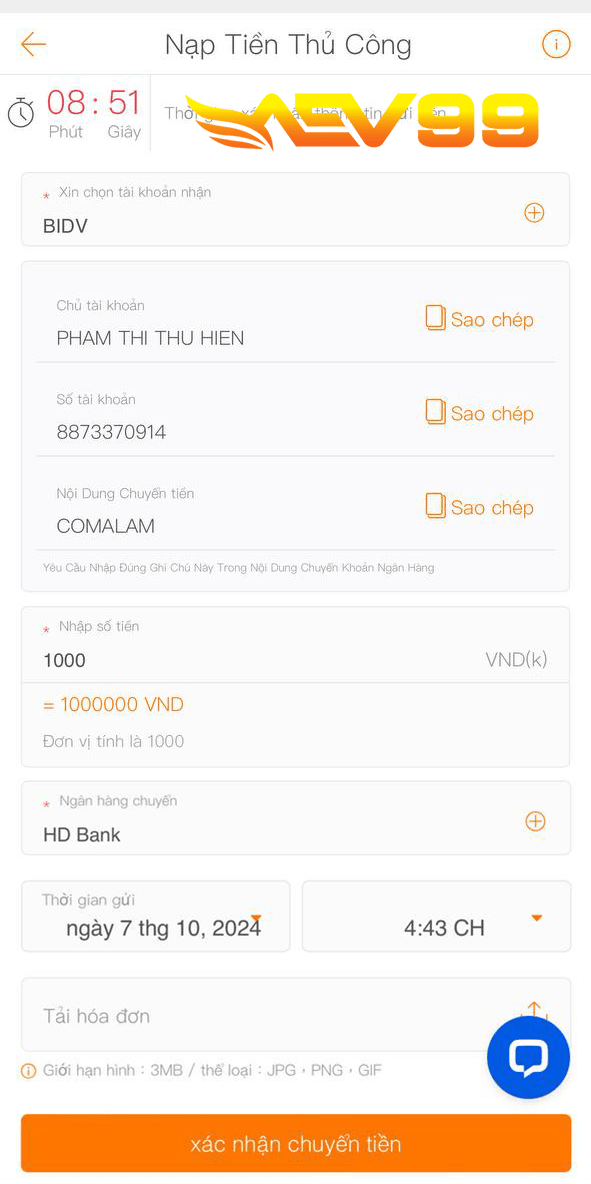 Bấm vào ô xác nhận chuyển tiền để hoàn tất quá trình nạp tiền Bấm vào ô xác nhận chuyển tiền để hoàn tất quá trình nạp tiền